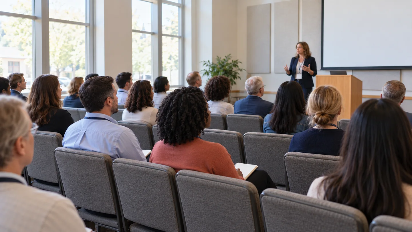 Attendees with notebooks listen to a speaker during a daytime nonprofit conference session.