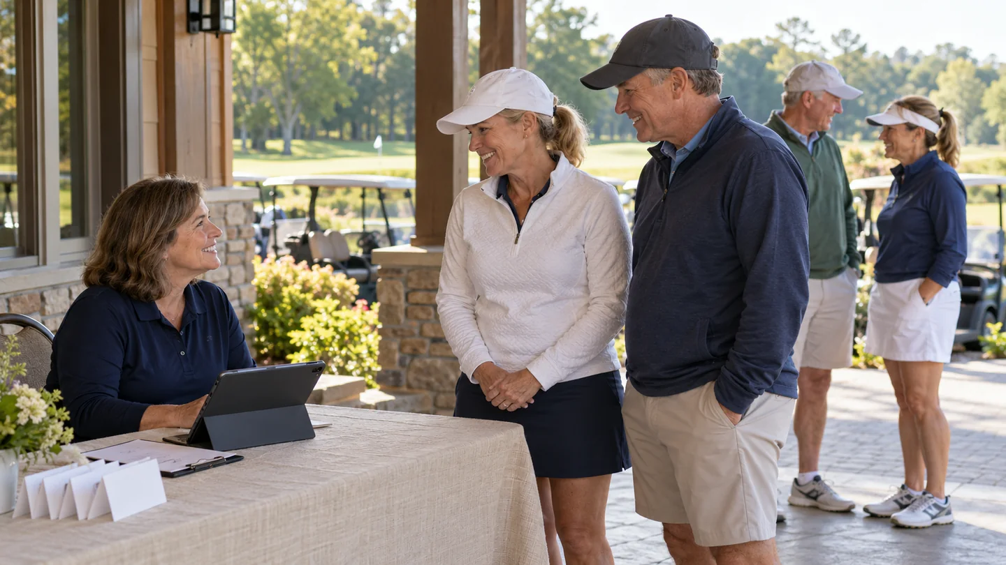Golfers welcomed at a nonprofit golf fundraiser.